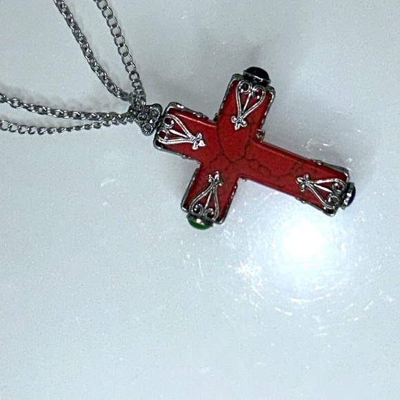 Sweet Romance Designer Gemstone Cross Double Chain Stainless Steel Necklace Boho - Picture 5 of 10